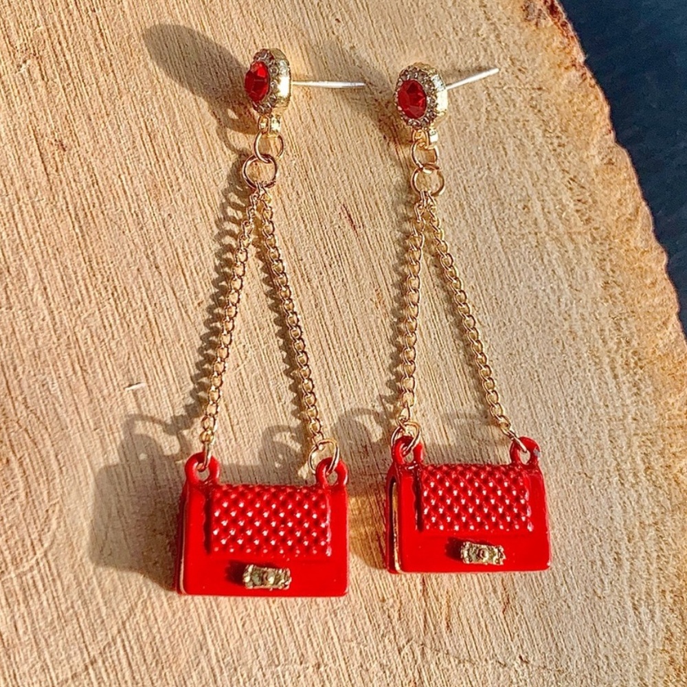 Crimson Red Luxury Clutch Purse Chic Drop CZ Gemstone Cute Earrings - Picture 3 of 5